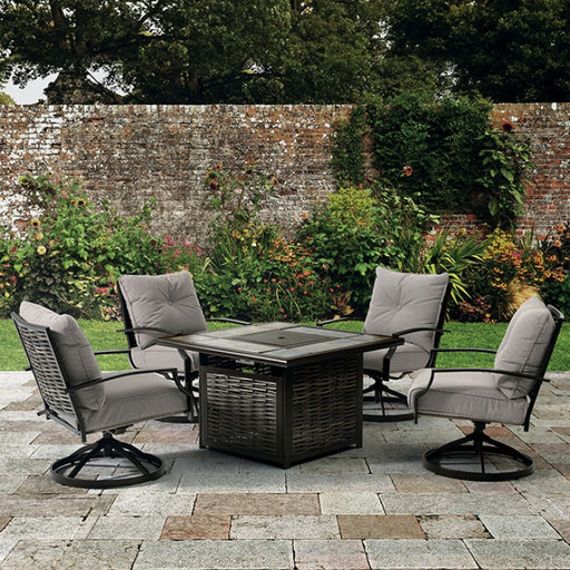 5 PIECE OUTDOOR SET w/FIRE PIT TABLE AND 4 SWIVEL CHAIRS